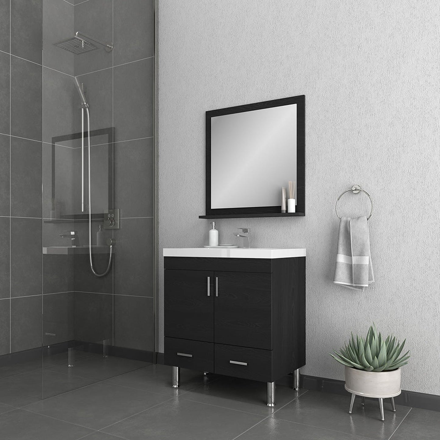 Alya Bath Ripley 30" Single Black Modern Freestanding Bathroom Vanity With Integrated Acrylic Top, Acrylic Sink and Wall Mounted Mirror - AT-8085-B+AT-30-M-B