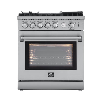 Forno 4-Piece Appliance Package - 30-Inch Gas Range with Air Fryer, Refrigerator, 24-Inch Microwave Drawer, & 3-Rack Dishwasher in Stainless Steel - AP4-6276-30-MWD
