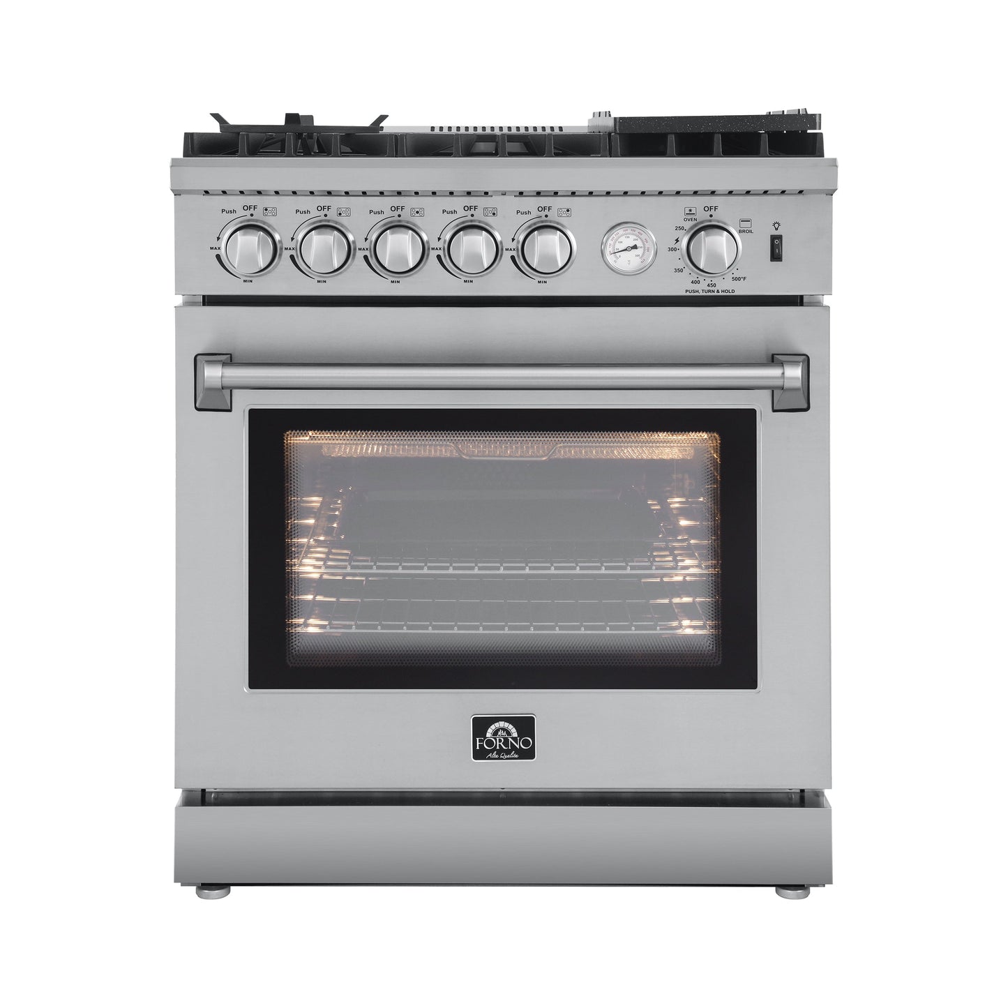 Forno 5-Piece Appliance Package - 30-Inch Gas Range with Air Fryer, Refrigerator, Wall Mount Hood, 24-Inch Microwave Oven, & 3-Rack Dishwasher in Stainless Steel - APR5-6276-30-H-MWO
