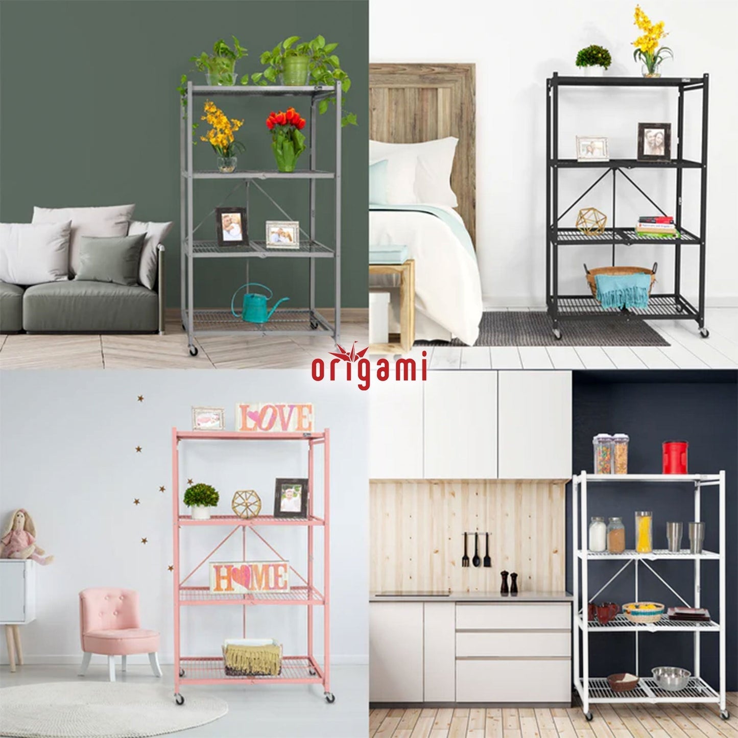 Origami 4-Pack R5-06W 4-Wheel 4-Shelf Folding Steel Wire Shelving Storage, White - 415205