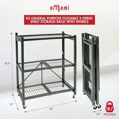 Origami R3 Foldable 3-Tiered Shelf Storage Rack & Wheels, Pewter (6 Pack) - 253009