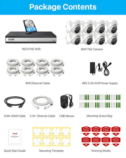 Zosi C225 4K 16 Channel 8-Cam PoE NVR System + 4TB Hard Drive - C225 4K 16