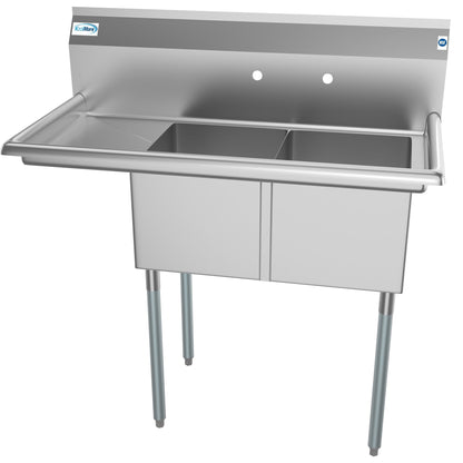 KOOLMORE 43 in. Two Compartment Stainless Steel Commercial Sink with Drainboard, Bowl Size 14"x 16"x 11"  - SB141611-12L3.