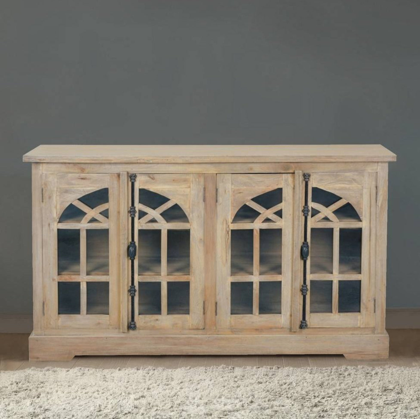 Sunset Trading Cottage 63" Arched Glass Door Credenza | Driftwood Brown Solid Wood Display Cabinet | Fully Assembled Sideboard -  CC-CAB1706S-DW