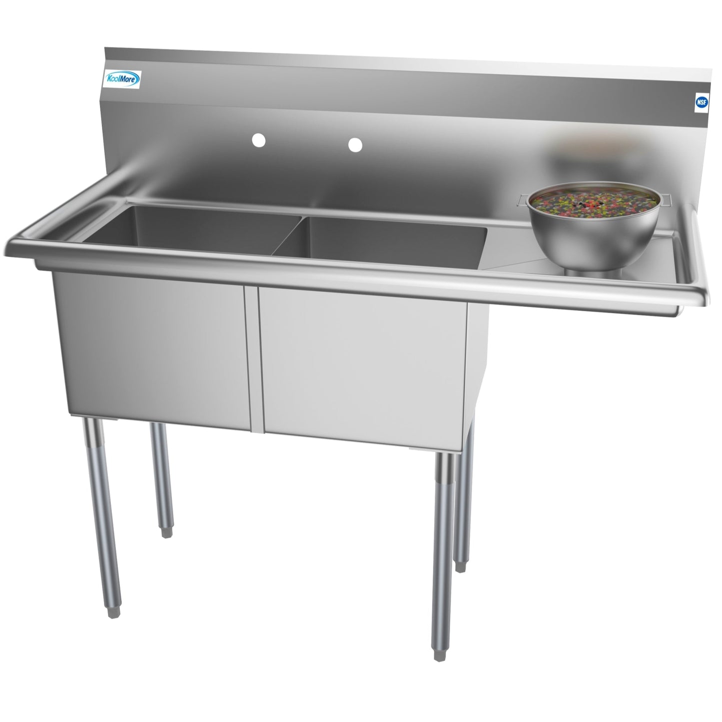KOOLMORE 48 in. Two Compartment Stainless Steel Commercial Sink with Drainboard, Bowl Size 15"x 15"x 12" -  SB151512-15R3.