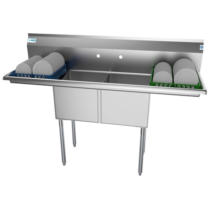 KOOLMORE 60 in. Two Compartment Stainless Steel Commercial Sink with 2 Drainboards, Bowl Size 15"x 15"x 12" -  SB151512-15B3.