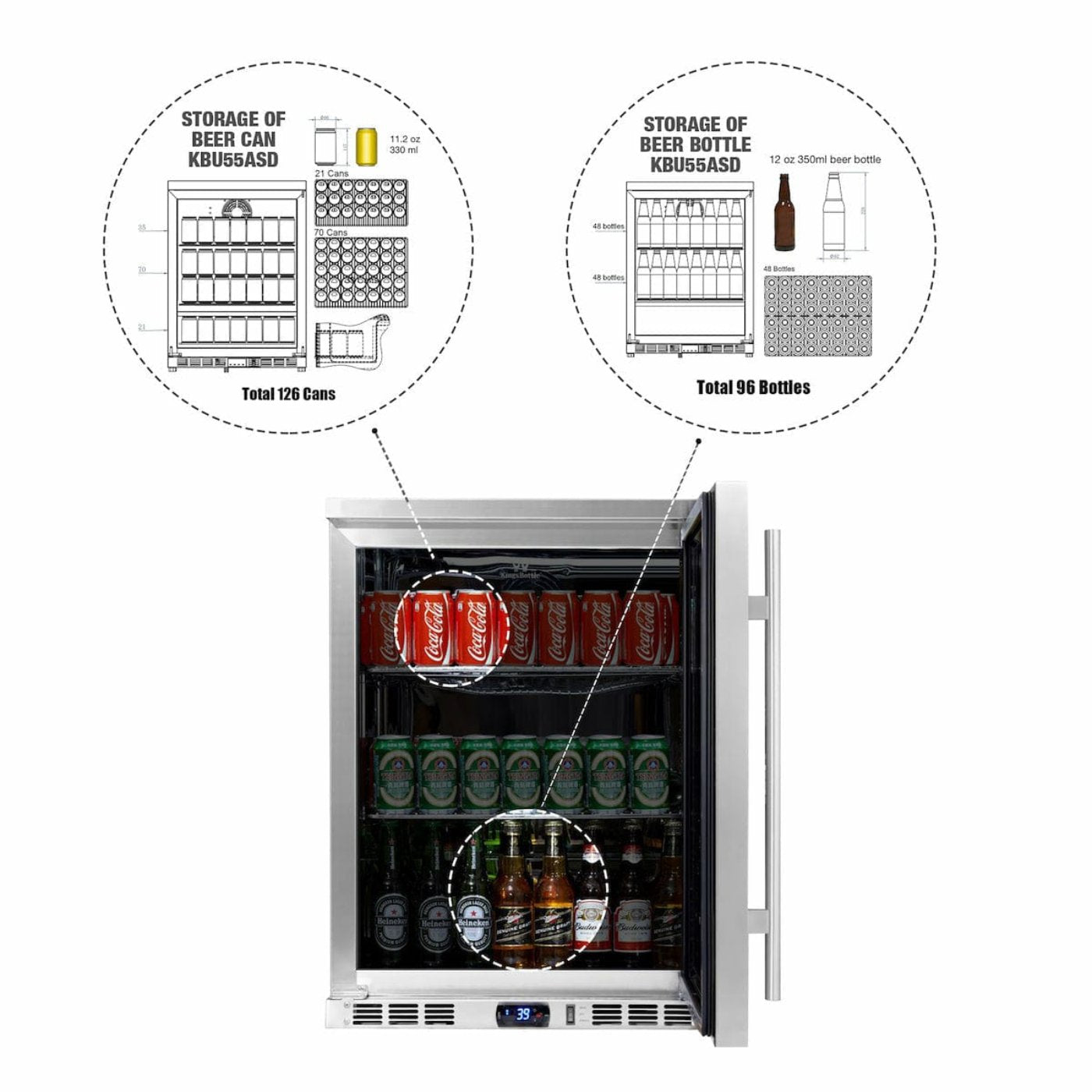Kings Bottle 24 Inch Under Counter Beer Cooler Drinks Stainless Steel KBU55M