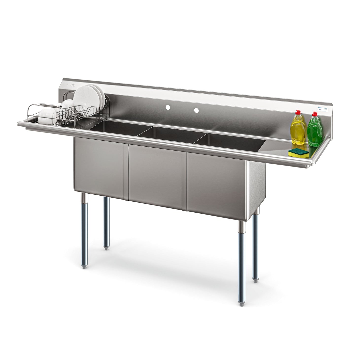 KOOLMORE 75 in Three Compartment Commercial Sink, Bowl Size 15x15x14, 16 Gauge Stainless-Steel with 2 Drainboards  - KM-SC151514-15B316