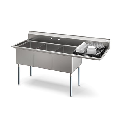 KOOLMORE KMSC18241424R3 81 in. Three Compartment Commercial Sink Bowl Size 18x24x14 Stainless-Steel 18 Gauge with Right Drainboard  - KM-SC182414-24R3