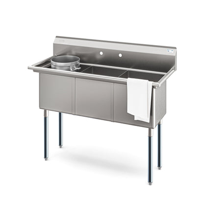KOOLMORE KMSC151514N3 51 in. Three Compartment Commercial Sink, Bowl Size 15x15x14, 18 Gauge Stainless-Steel  - KM-SC151514-N3