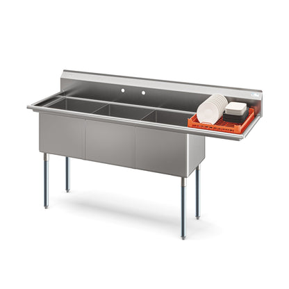 KOOLMORE 75 in. Three Compartment Commercial Sink Bowl Size 18x18x14 Stainless-Steel 18 Gauge with Right Drainboard  - KM-SC181814-18R3