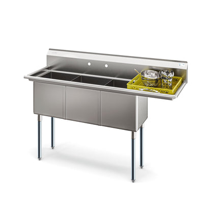 KOOLMORE 63 in Three Compartment Commercial Sink, Bowl Size 15x15x14, Stainless-Steel 16 Gauge with Right Drainboard  - KM-SC151514-15R316