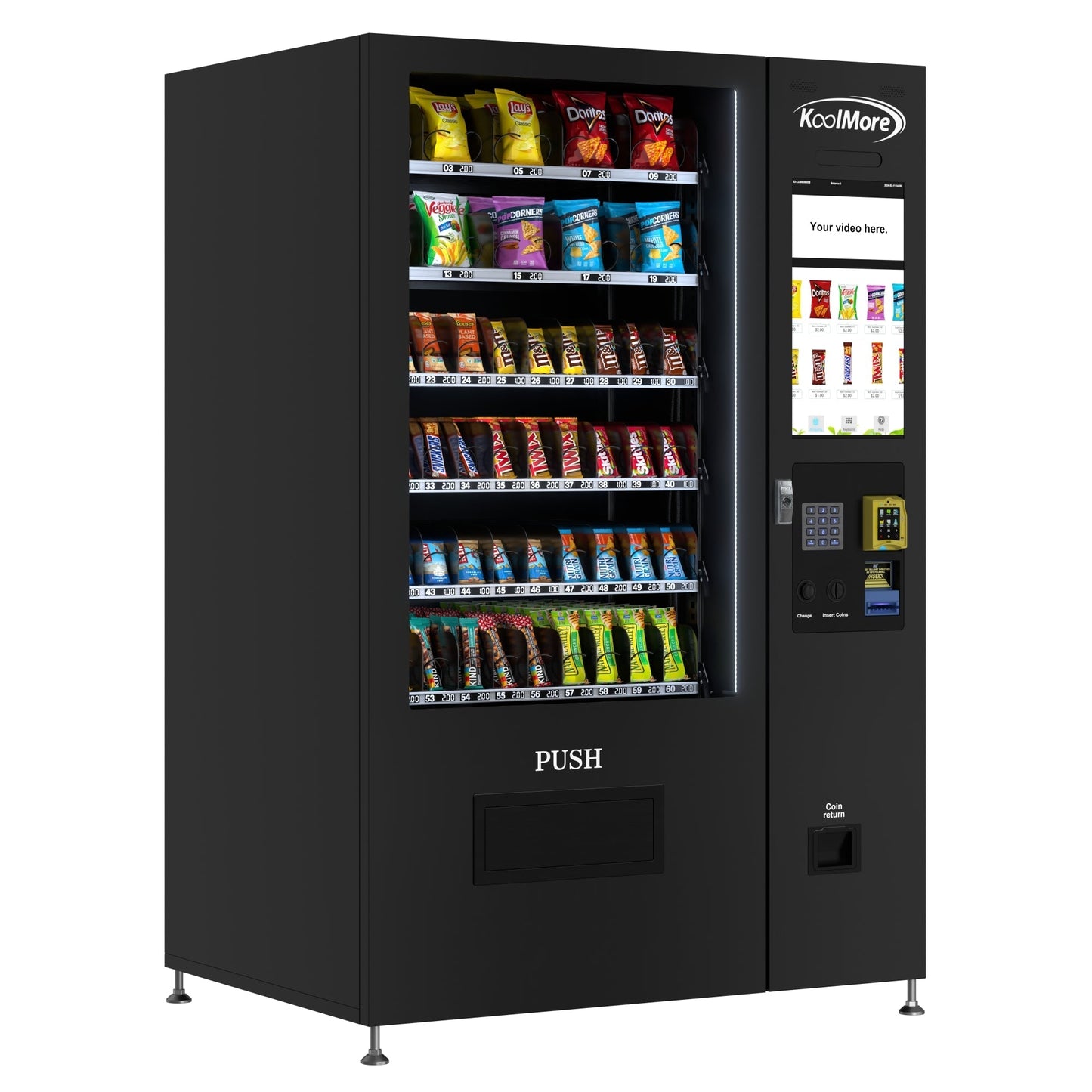 KOOLMORE KMVMNT50BCR 50 in. 60-Slot Snack Vending Machine with 22-inch Touch Screen, Credit Card Reader, Bill and Coin Acceptor in Black, Non-Refrigerated  - KM-VMNT-50-BCR