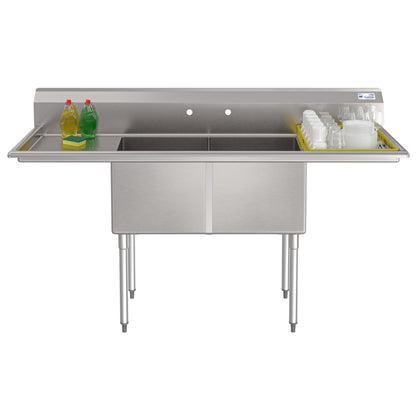 KOOLMORE 72 in. 18-Gauge 2-Compartment Commercial Sink with Backsplash and Dual 18 in. Drainboards, Bowl Dimensions 18"x18"x14" in Stainless-Steel  - KM-SB181814-18B3