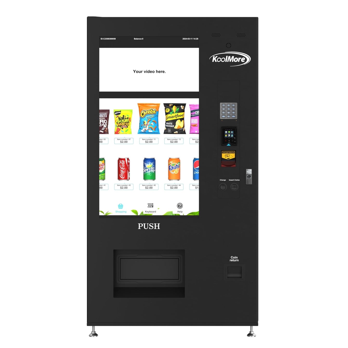 KOOLMORE KMVMRWT48BCR Refrigerated Snack Vending Machine In Black With 48 Slots Featuring Ample 49 Inch Touch Display, Bill Acceptor, Coin Acceptor, Credit Card Reader, Wifi and 4G Connectivity - KMVMRWT48BCR