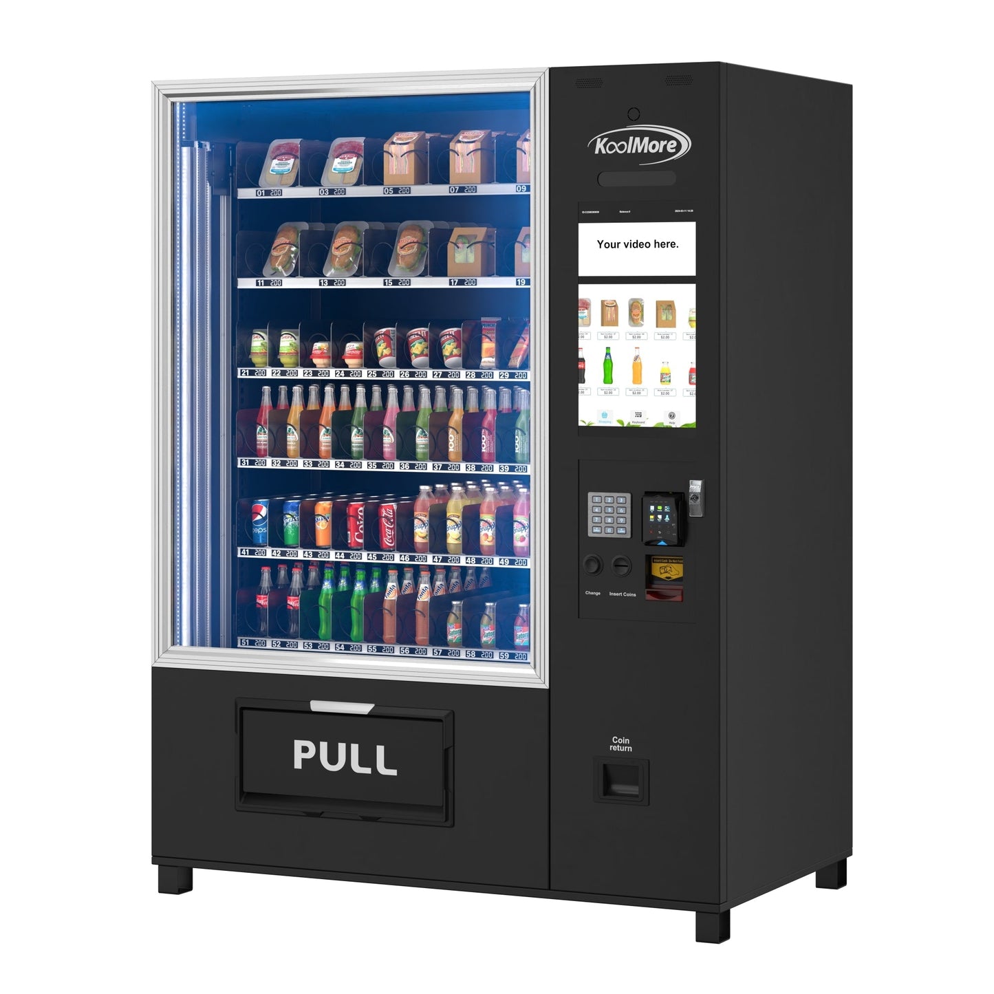 KOOLMORE KMVMRWT66EBR Snack Vending Machine with 21.5 Inch Touch Display, 66 Slots and Elevator-Lift Dispensing System, Refrigerated, Bill Acceptor and Credit Card Reader, Wifi and 4G Connectivity in Black  - KM-VMRWT-66EBR