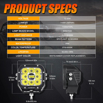 Auxbeam 6Pcs 5 Inch 110W White/Amber LED Pods Lights with Power Harness - GP00011283
