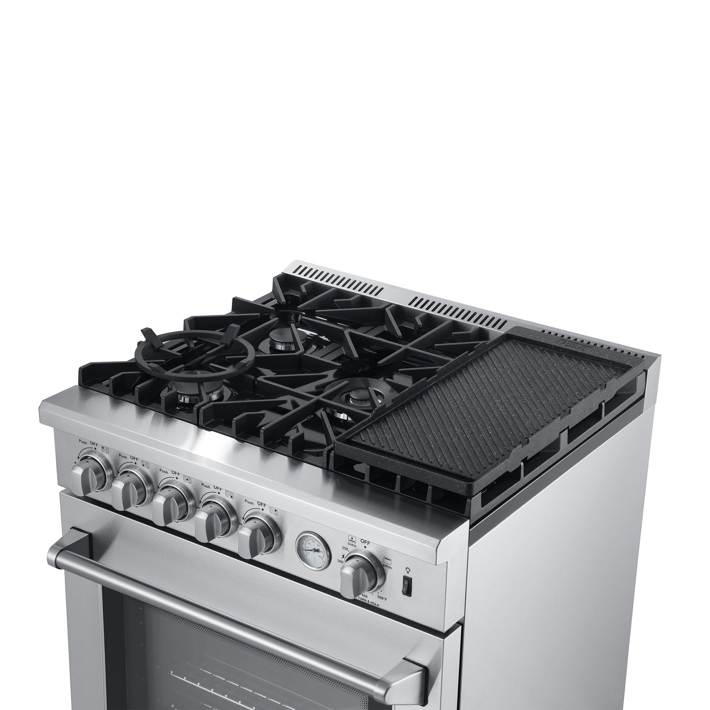 Forno 5-Piece Appliance Package - 30-Inch Gas Range with Air Fryer, Refrigerator, Wall Mount Hood, 24-Inch Microwave Drawer, & 3-Rack Dishwasher in Stainless Steel - APR5-6276-30-H-MWD