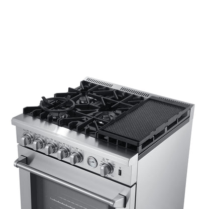 Forno 5-Piece Appliance Package - 30-Inch Gas Range with Air Fryer, Refrigerator, Wall Mount Hood, 24-Inch Microwave Drawer, & 3-Rack Dishwasher in Stainless Steel - APR5-6276-30-H-MWD