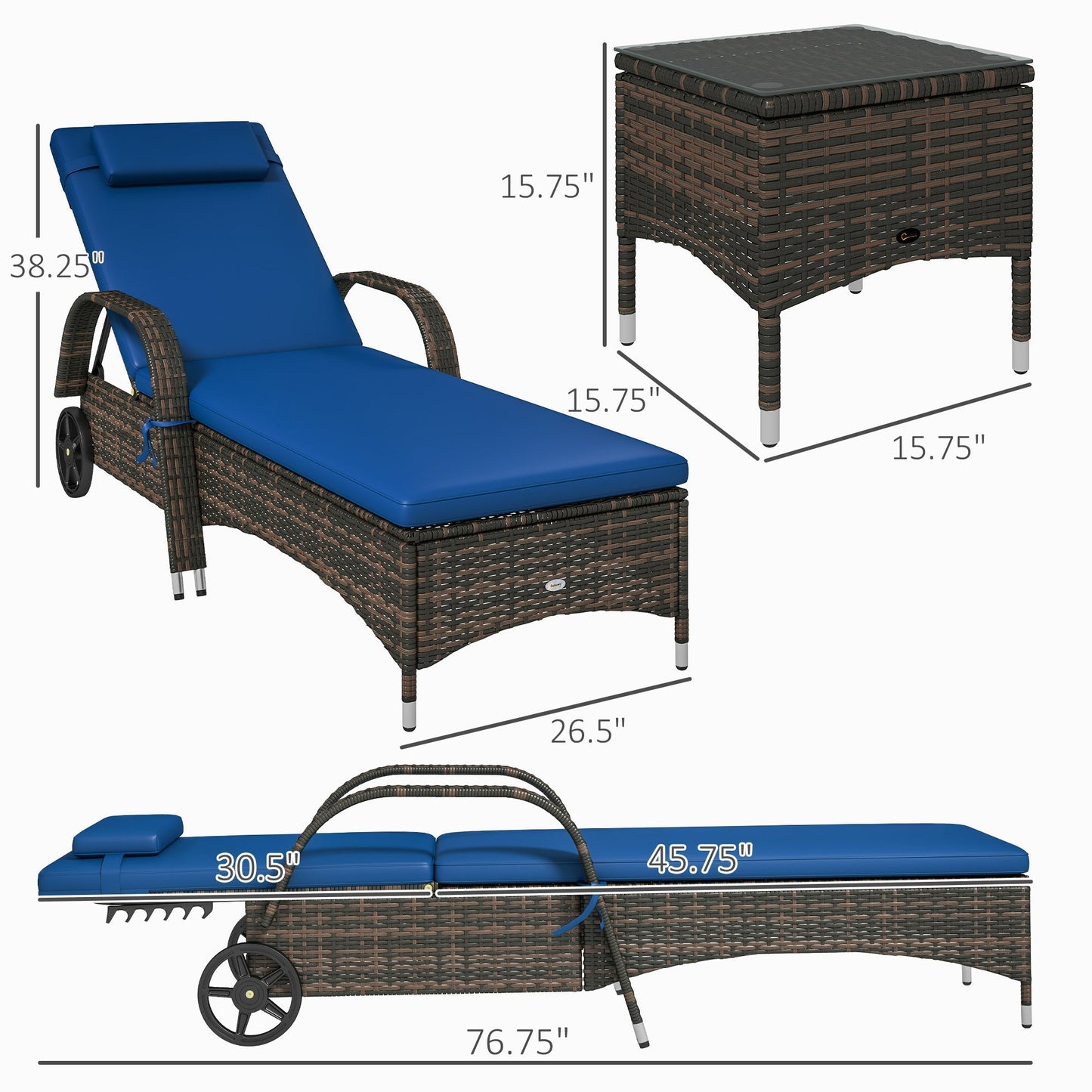 Outsunny 3-Piece Wicker Chaise Lounge Chair Set with Side Table, 5-Level Adjustable Backrest, Blue - 862-011V01BU