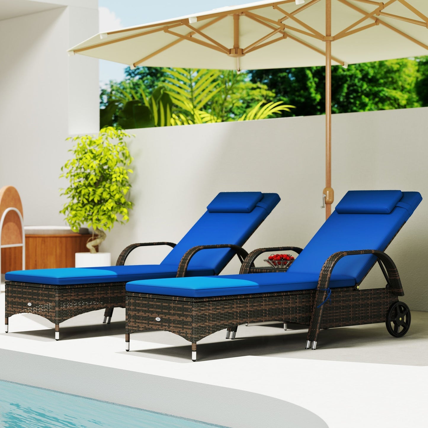 Outsunny 3-Piece Wicker Chaise Lounge Chair Set with Side Table, 5-Level Adjustable Backrest, Blue - 862-011V01BU