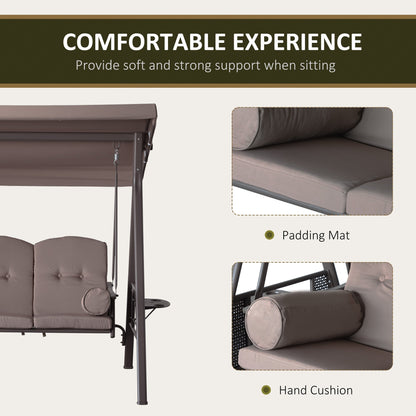 3-Seat Patio Swing Chair with Adjustable Canopy, Removable Cushion & Side Trays, Brown - 84A-068BN