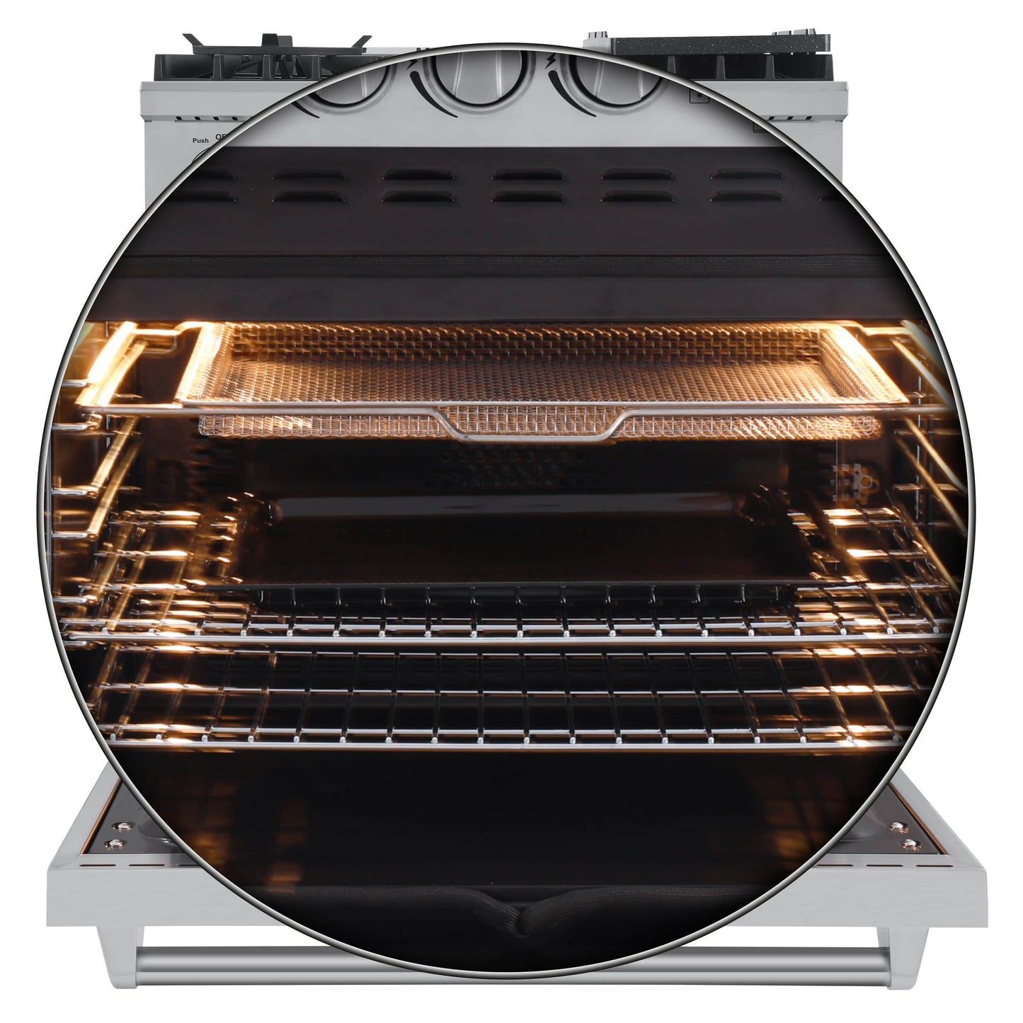 Forno 5-Piece Appliance Package - 30-Inch Gas Range with Air Fryer, Refrigerator, Wall Mount Hood, 24-Inch Microwave Drawer, & 3-Rack Dishwasher in Stainless Steel - APR5-6276-30-H-MWD