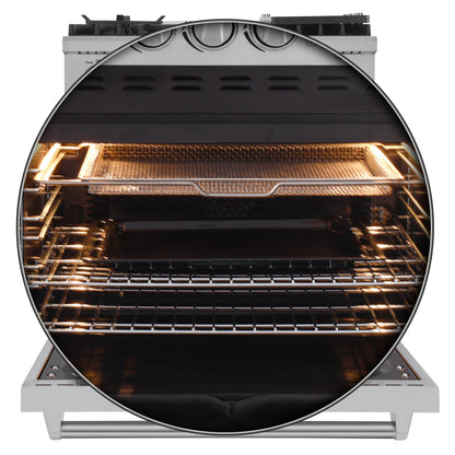 Forno 5-Piece Appliance Package - 30-Inch Gas Range with Air Fryer, Refrigerator with Water Dispenser, Wall Mount Hood, 24-Inch Microwave Drawer, & 3-Rack Dishwasher in Stainless Steel - APW5-6276-30-H-MWD