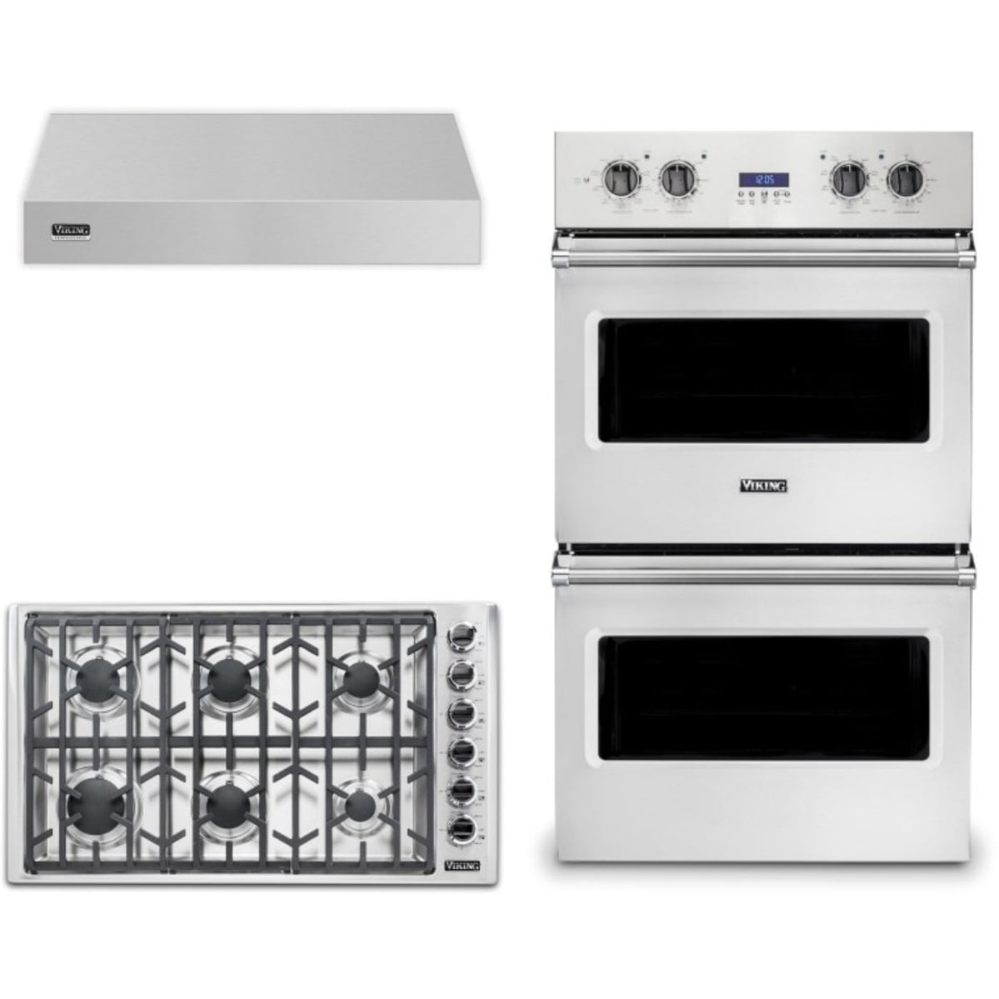 Viking 3-Piece Package 36 Inch Professional 5 Series Gas Cooktop and 30 Inch Built-In Double Electric Wall Ove and 36 Inch Wall Mount Range Hoo - VDOE130SS