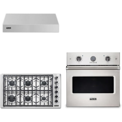 Viking 3-Piece Package 36 Inch Gas Rangetop and 30 Inch Single Wall Ove and 36 Inch Wall Mount Range Hoo - VSOE530SS
