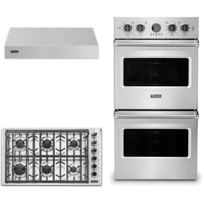 Viking 3-Piece Package 36 Inch Professional 5 Series Gas Cooktop and 27 Inch Double Convection Electric Wall Ove and 36 Inch Wall Mount Range Hoo - VDOE527SS