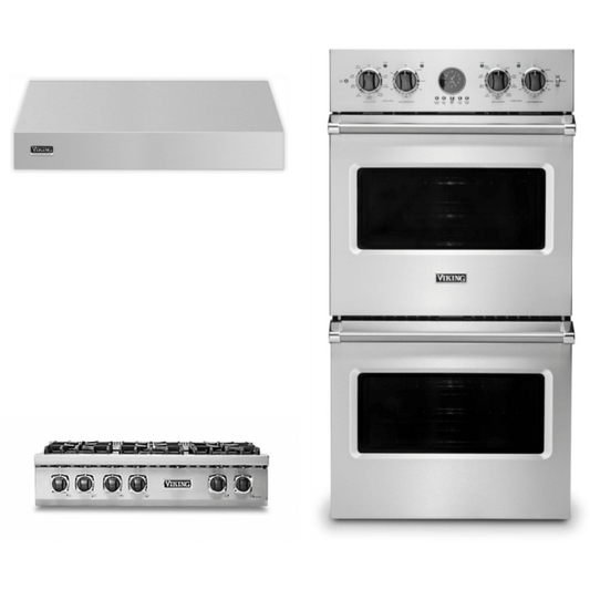 Viking 3-Piece Package 36 Inch Gas Rangetop and VDOE527SS 27 Inch Double Convection Electric Wall Ove and VWH536121SS 36 Inch Wall Mount Range Hoo - VRT5366BSS