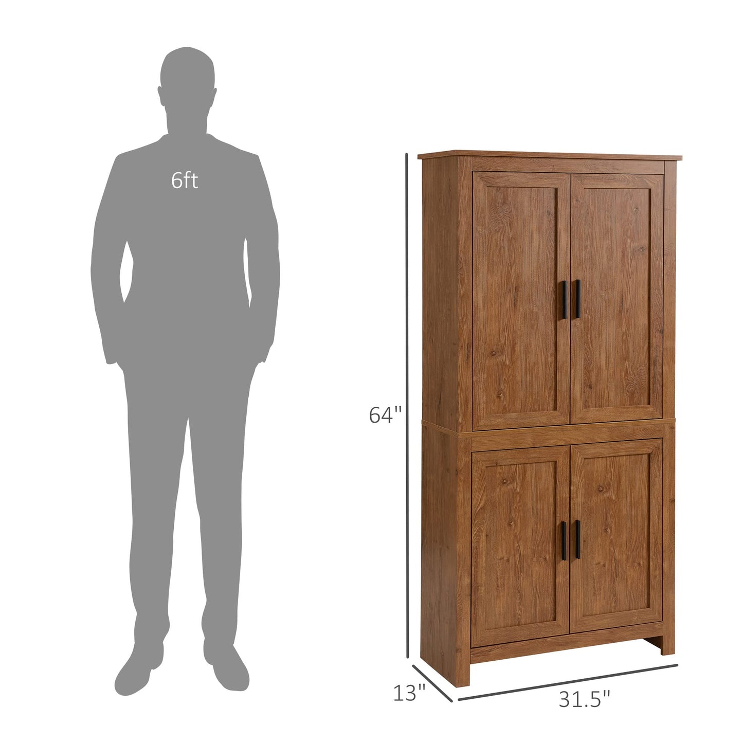 HOMCOM 64" Kitchen Pantry Cabinet, Freestanding Storage Cabinet with 4 Doors and 3 Adjustable Shelves for Dining Room, Oak - B0CGR31CKN
