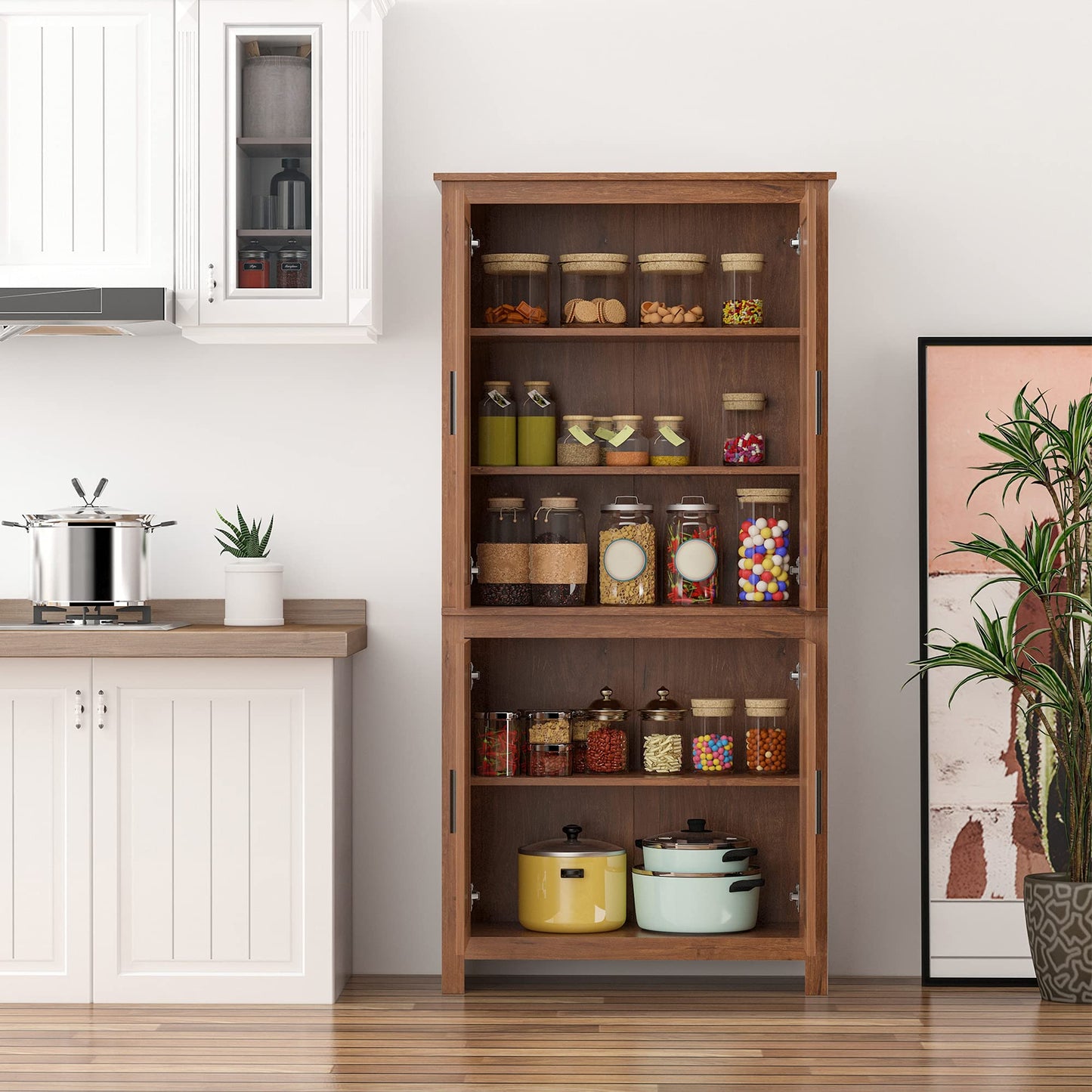 HOMCOM 64" Kitchen Pantry Cabinet, Freestanding Storage Cabinet with 4 Doors and 3 Adjustable Shelves for Dining Room, Oak - B0CGR31CKN