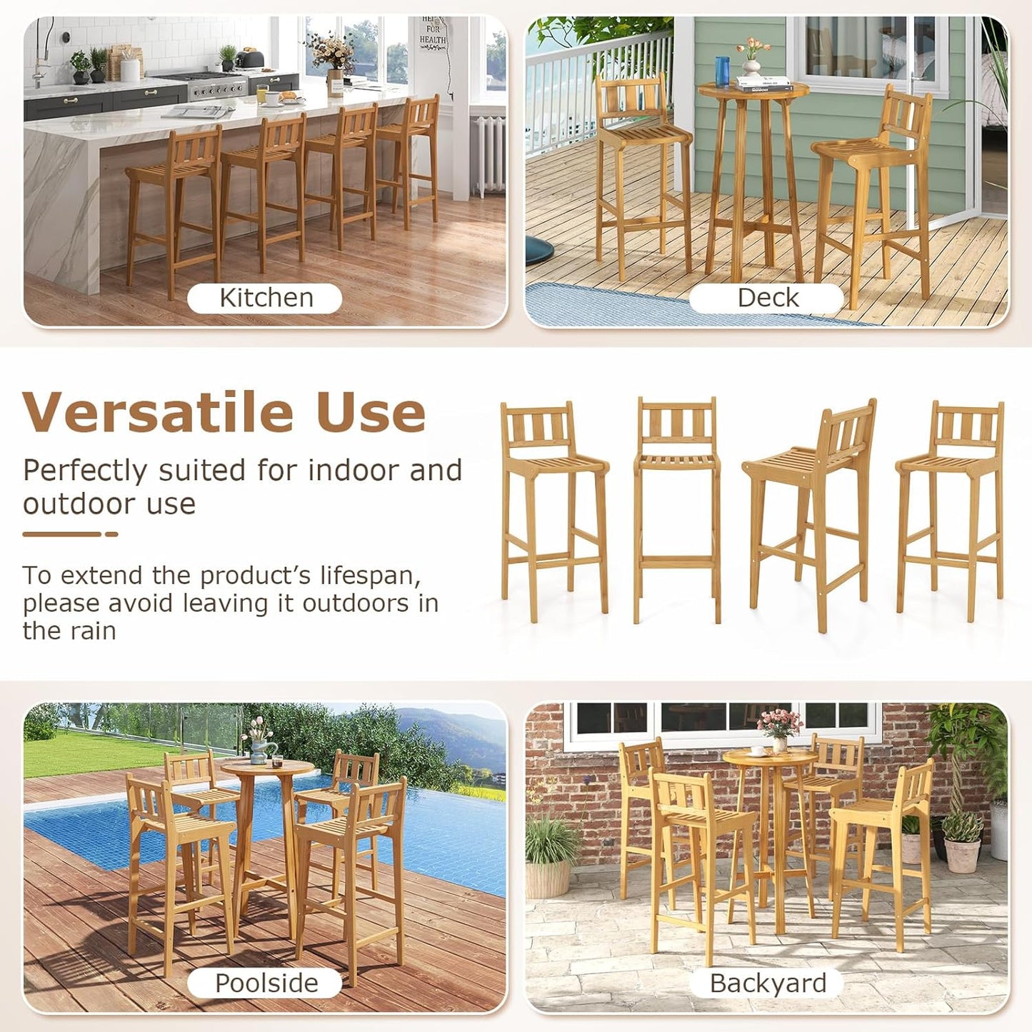 Tangkula Teak Wood Bar Stool, 30” Bar Chair with Footrest & Backrest - 4*JV11896