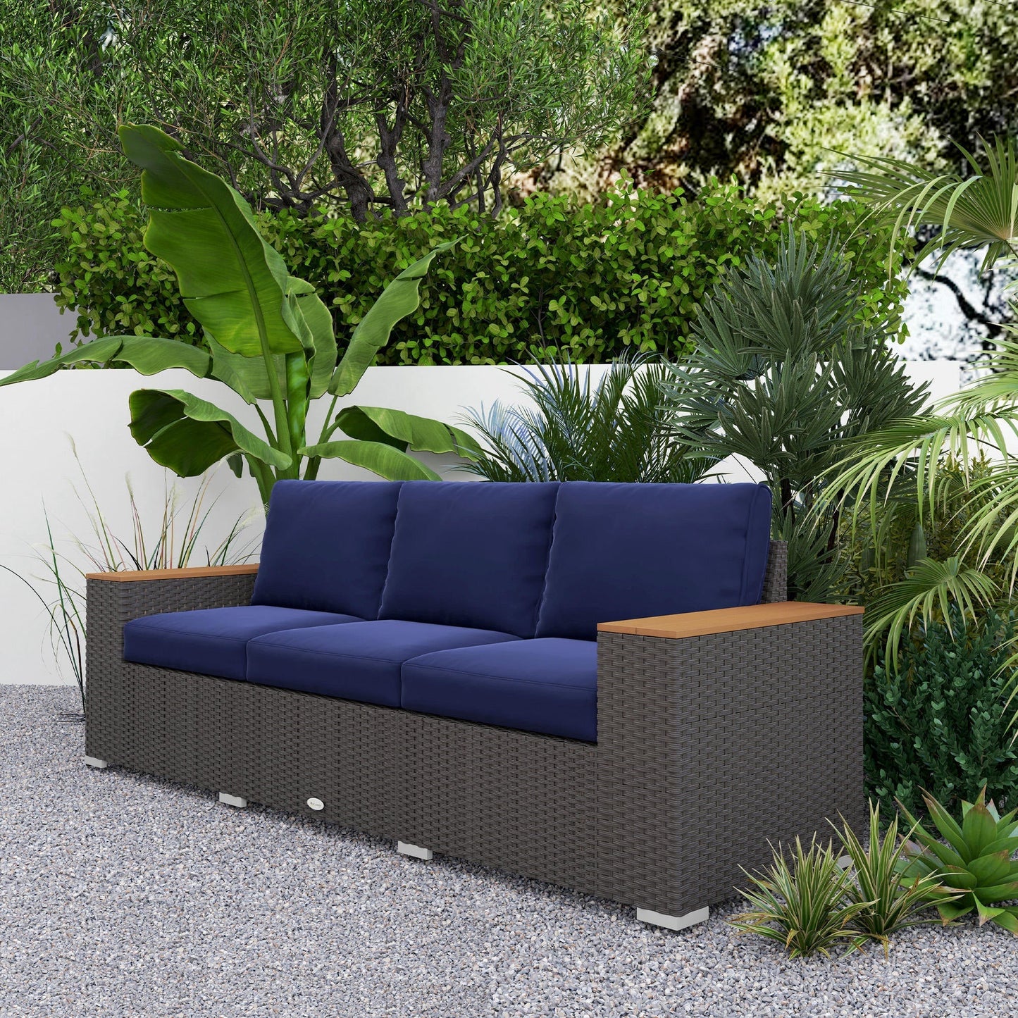 Outsunny 3-Seat Rattan Patio Couch with Cushions and Wood Grain Wide Armrests, Navy Blue - 860-304V00DB