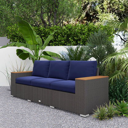 Outsunny 3-Seat Rattan Patio Couch with Cushions and Wood Grain Wide Armrests, Navy Blue - 860-304V00DB