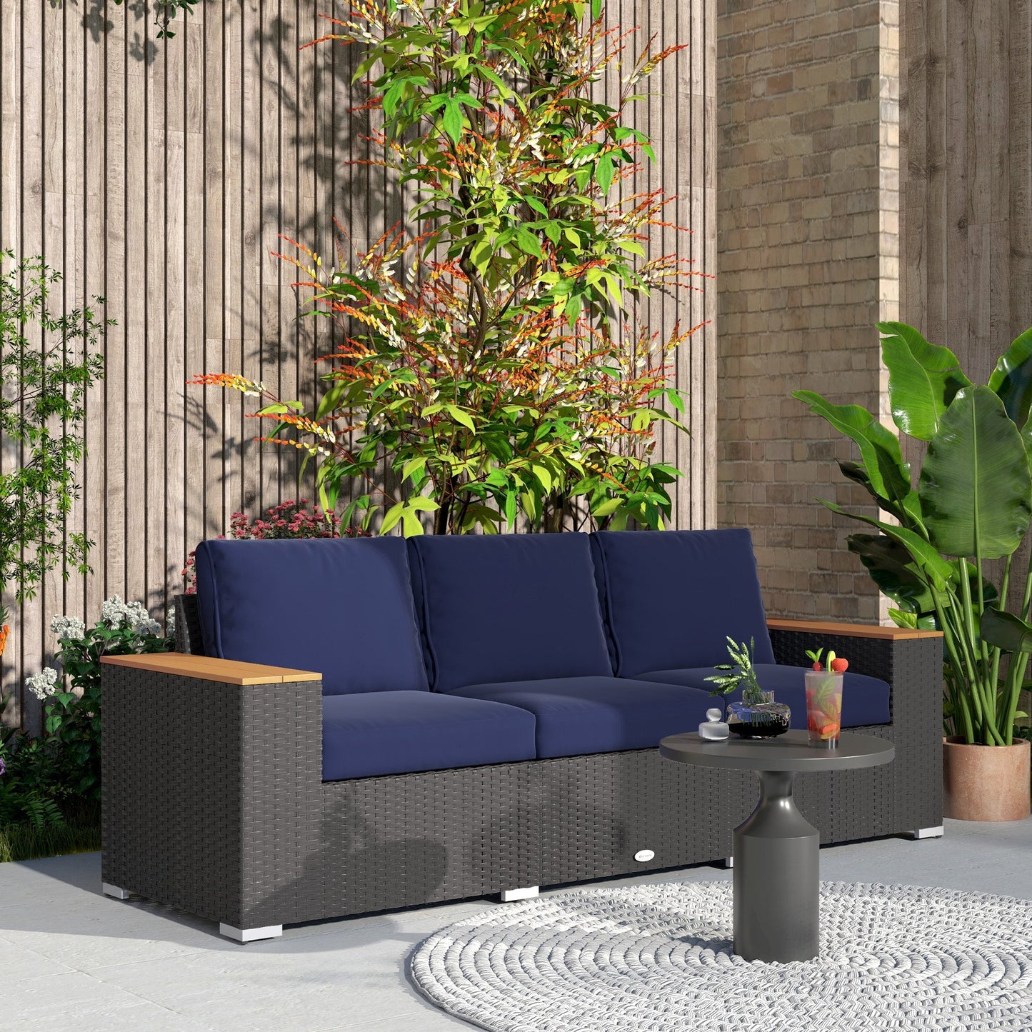 Outsunny 3-Seat Rattan Patio Couch with Cushions and Wood Grain Wide Armrests, Navy Blue - 860-304V00DB