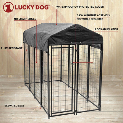 Lucky Dog Uptown Large Outdoor Covered Kennel Secure Fenced Pet Dog Crate, Black - 90333