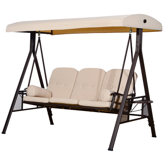 Outsunny 3-Seat Patio Swing Chair with Adjustable Canopy, Removable Cushion & Pillows, Beige -84A-068