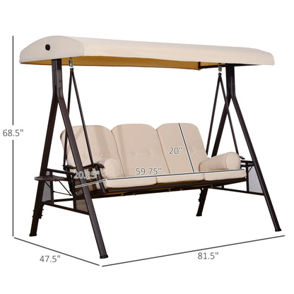 Outsunny 3-Seat Patio Swing Chair with Adjustable Canopy, Removable Cushion & Pillows, Beige -84A-068