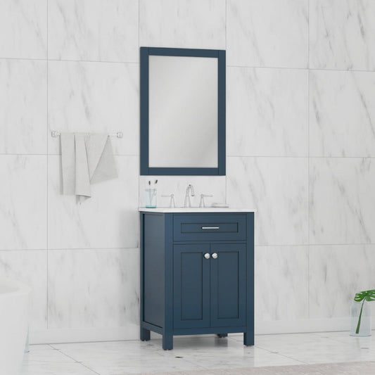 Alya Bath Norwalk 24" Single Blue Freestanding  Bathroom Vanity With Carrara Marble Top, C - HE-101-24-B-CWMT + HE-101/102-24-B-Meramic Sink and Wall Mounted Mirror