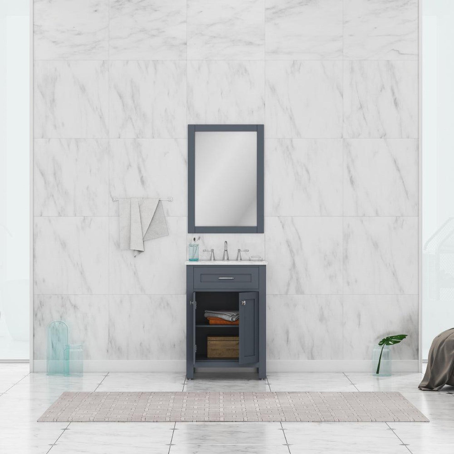 Alya Bath Norwalk 24" Single Gray Freestanding &nbsp;Bathroom Vanity With Carrara Marble Top, Ceramic Sink and Wall Mounted Mirror - HE-101-24-G-CWMT + HE-101/102-24-G-M