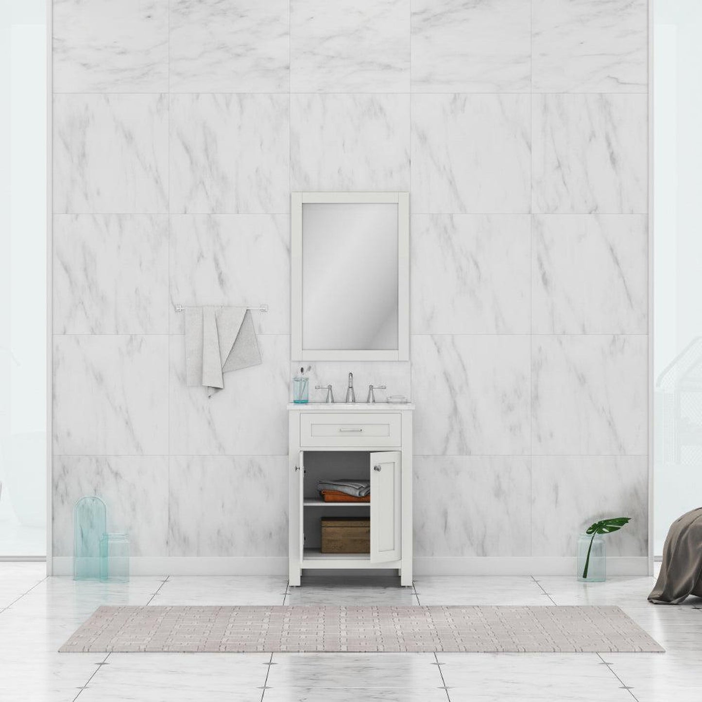 Alya Bath Norwalk 24" Single White Freestanding  Bathroom Vanity With Carrara Marble Top, C - HE-101-24-W-CWMT + HE-101/102-24-W-Meramic Sink and Wall Mounted Mirror