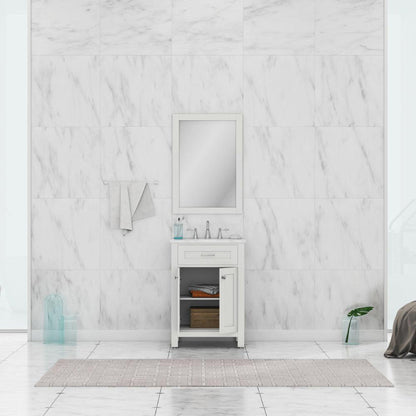 Alya Bath Norwalk 24" Single White Freestanding  Bathroom Vanity With Carrara Marble Top, C - HE-101-24-W-CWMT + HE-101/102-24-W-Meramic Sink and Wall Mounted Mirror