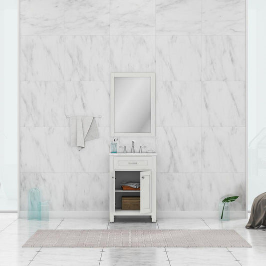 Alya Bath Norwalk 24" Single White Freestanding  Bathroom Vanity With Carrara Marble Top, C - HE-101-24-W-CWMT + HE-101/102-24-W-Meramic Sink and Wall Mounted Mirror