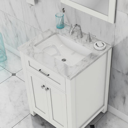 Alya Bath Norwalk 24" Single White Freestanding  Bathroom Vanity With Carrara Marble Top, C - HE-101-24-W-CWMT + HE-101/102-24-W-Meramic Sink and Wall Mounted Mirror