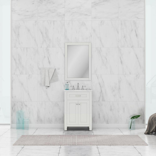 Alya Bath Norwalk 24" Single White Freestanding  Bathroom Vanity With Carrara Marble Top, C - HE-101-24-W-CWMT + HE-101/102-24-W-Meramic Sink and Wall Mounted Mirror