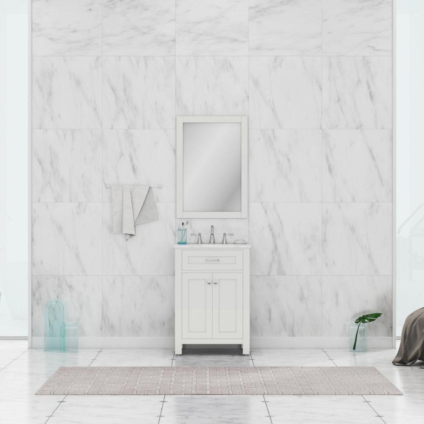 Alya Bath Norwalk 24" Single White Freestanding  Bathroom Vanity With Carrara Marble Top, C - HE-101-24-W-CWMT + HE-101/102-24-W-Meramic Sink and Wall Mounted Mirror