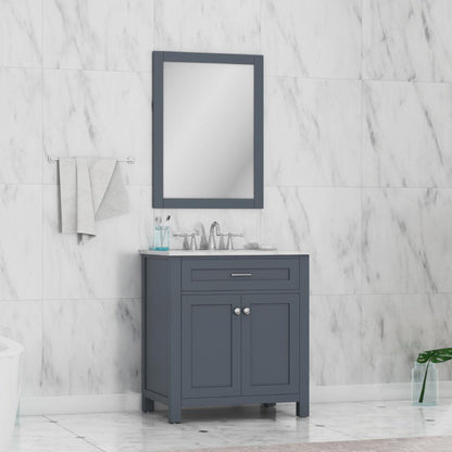 Alya Bath Norwalk 30" Single Gray Freestanding  Bathroom Vanity With Carrara Marble Top, C - HE-101-30-G-CWMT + HE-101/102-30-G-Meramic Sink and Wall Mounted Mirror